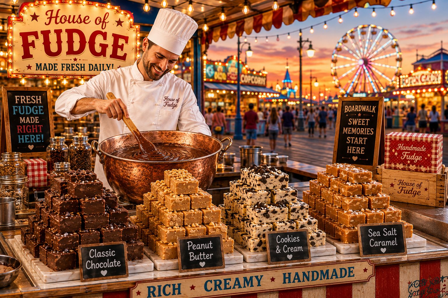 A boardwalk fudge shop scene at sunset