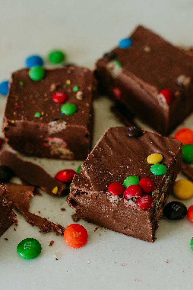 Chocolate fudge with candy pieces