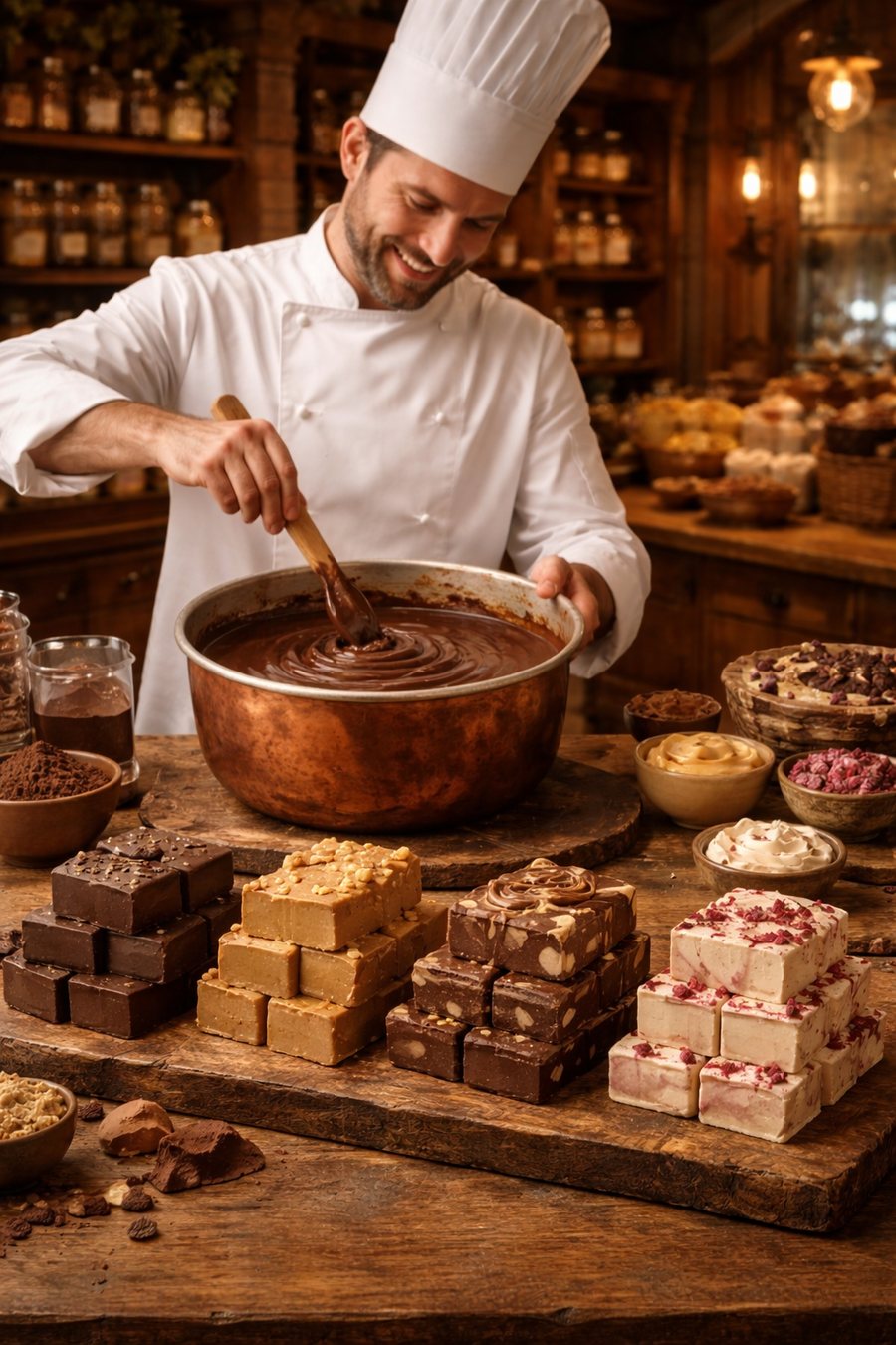 A confectioner stirring a copper kettle of melted chocolate beside stacks of fudge